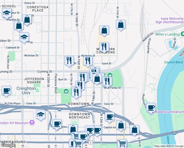 map of restaurants, bars, coffee shops, grocery stores, and more near 1415 Cuming Street in Omaha