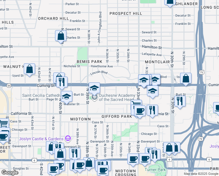 map of restaurants, bars, coffee shops, grocery stores, and more near 3511 Cuming Street in Omaha