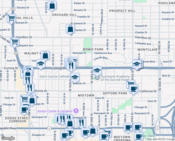 map of restaurants, bars, coffee shops, grocery stores, and more near 3815 Cuming Street in Omaha