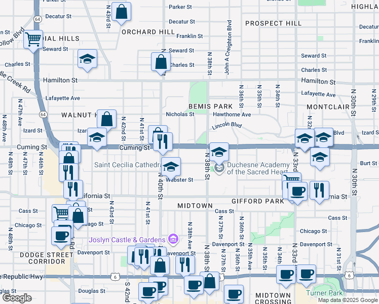 map of restaurants, bars, coffee shops, grocery stores, and more near 3815 Cuming Street in Omaha