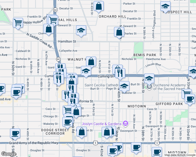map of restaurants, bars, coffee shops, grocery stores, and more near 4164 Cuming Street in Omaha