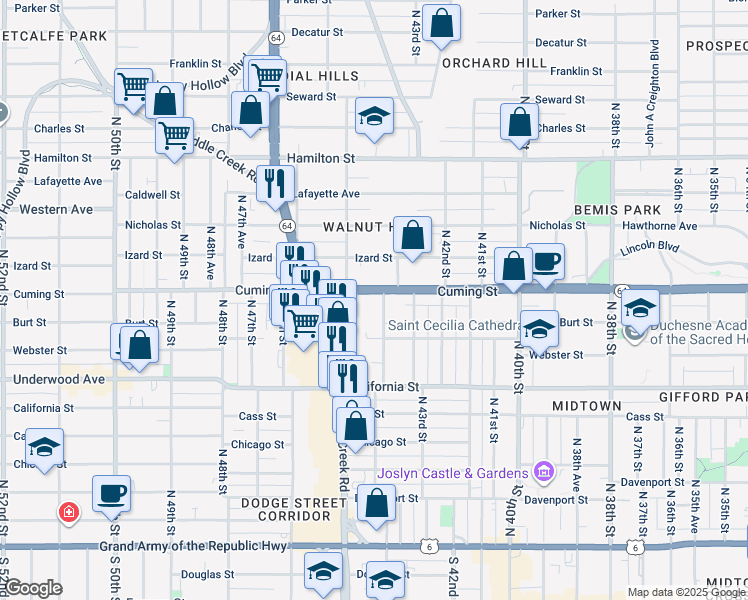 map of restaurants, bars, coffee shops, grocery stores, and more near 4315 Cuming Street in Omaha