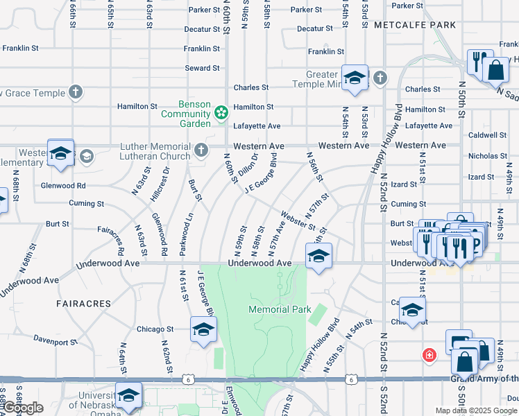 map of restaurants, bars, coffee shops, grocery stores, and more near 5820 Webster Street in Omaha