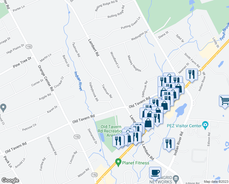 map of restaurants, bars, coffee shops, grocery stores, and more near 366 Lambert Road in Orange
