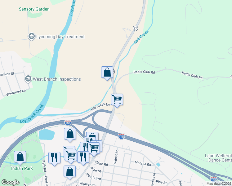 map of restaurants, bars, coffee shops, grocery stores, and more near Radio Club Road in Montoursville