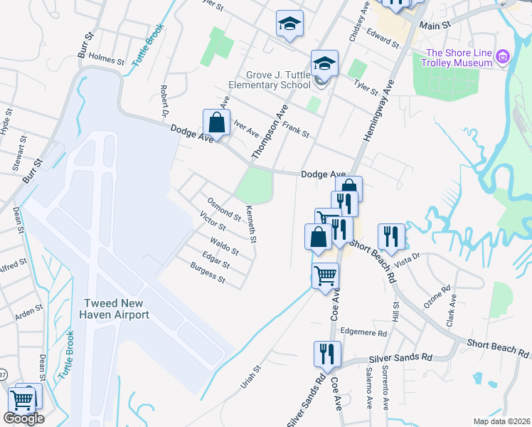 map of restaurants, bars, coffee shops, grocery stores, and more near 7 Roma Street in East Haven