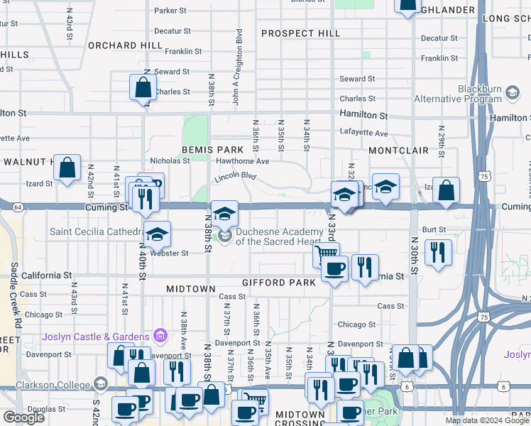 map of restaurants, bars, coffee shops, grocery stores, and more near 3511 Cuming Street in Omaha