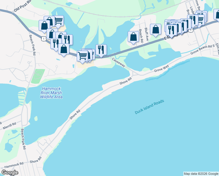map of restaurants, bars, coffee shops, grocery stores, and more near 162 Shore Rd in Clinton