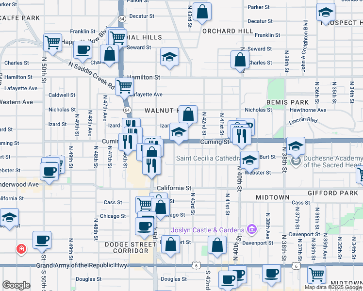 map of restaurants, bars, coffee shops, grocery stores, and more near 4315 Cuming Street in Omaha