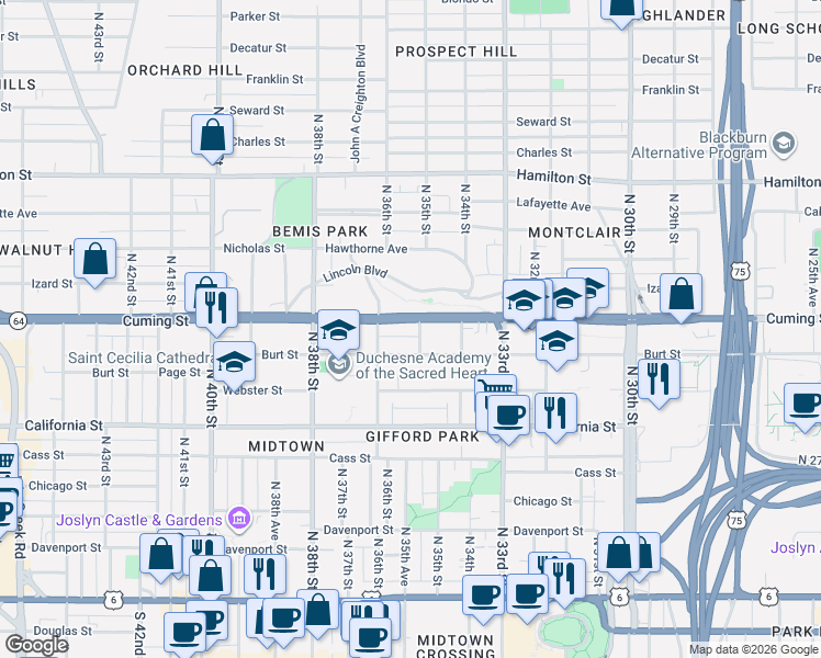 map of restaurants, bars, coffee shops, grocery stores, and more near 3511 Cuming Street in Omaha