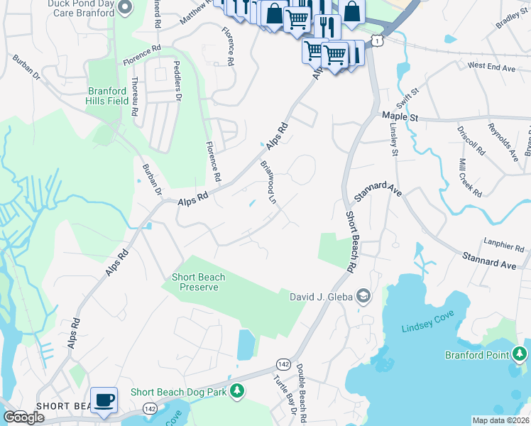 map of restaurants, bars, coffee shops, grocery stores, and more near 46-50 Briarwood Lane in Branford
