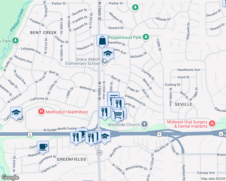 map of restaurants, bars, coffee shops, grocery stores, and more near 733 North 155th Street in Omaha