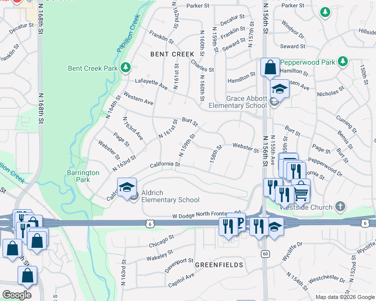 map of restaurants, bars, coffee shops, grocery stores, and more near 640 North 159th Street in Omaha