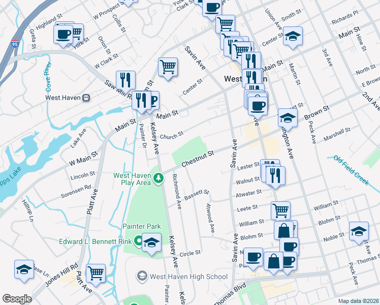 map of restaurants, bars, coffee shops, grocery stores, and more near 65 Chestnut Street in West Haven