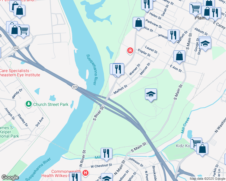 map of restaurants, bars, coffee shops, grocery stores, and more near 319 South River Street in Wilkes-Barre