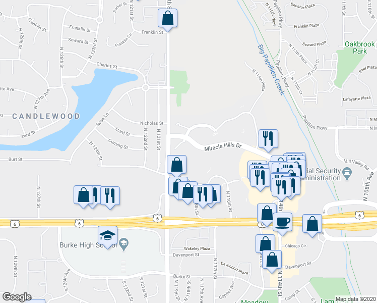 map of restaurants, bars, coffee shops, grocery stores, and more near 11837 Miracle Hills Drive in Omaha