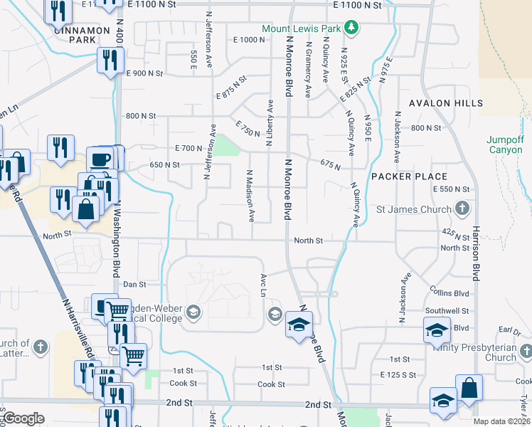 map of restaurants, bars, coffee shops, grocery stores, and more near 494 North Liberty Avenue in Ogden