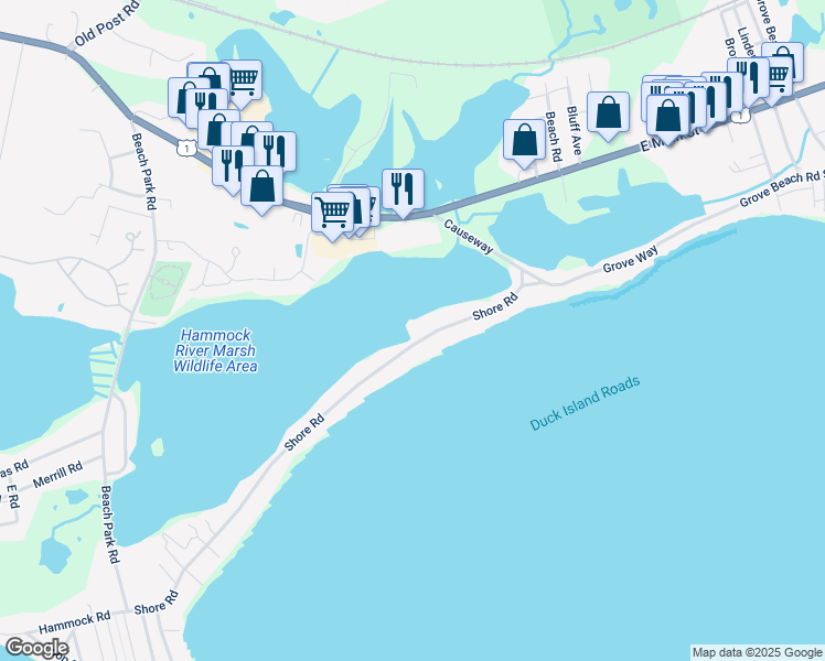 map of restaurants, bars, coffee shops, grocery stores, and more near 152 Shore Road in Clinton