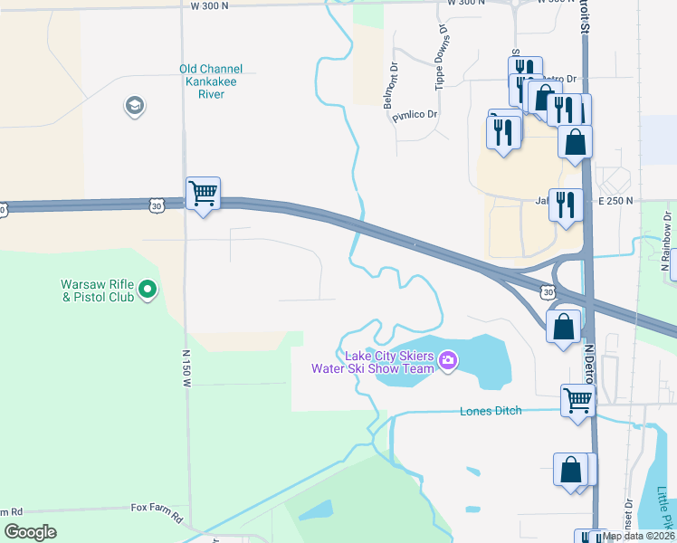 map of restaurants, bars, coffee shops, grocery stores, and more near 910 Executive Drive in Warsaw