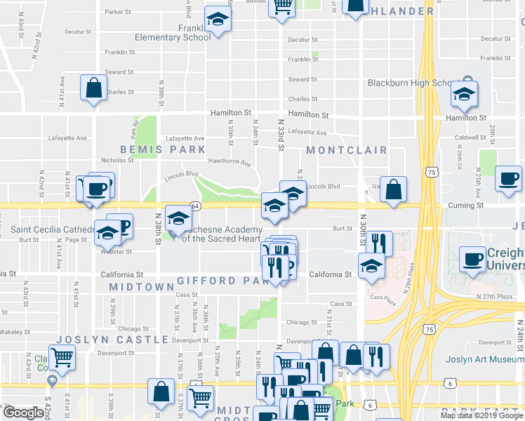 map of restaurants, bars, coffee shops, grocery stores, and more near 3313 Cuming Street in Omaha