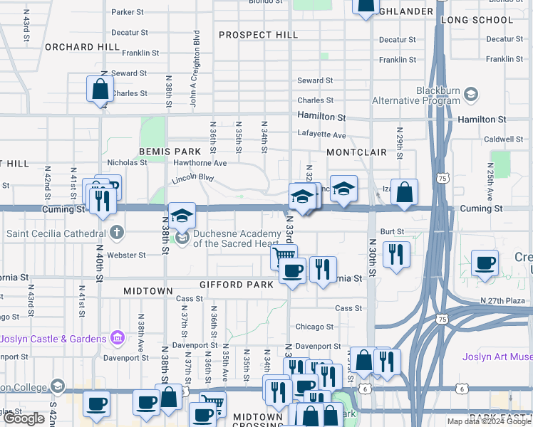map of restaurants, bars, coffee shops, grocery stores, and more near 3313 Cuming Street in Omaha