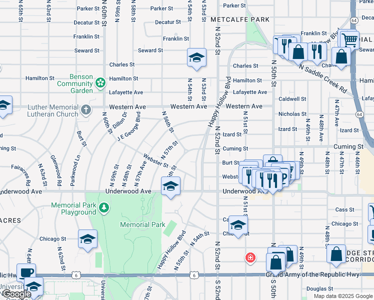 map of restaurants, bars, coffee shops, grocery stores, and more near 900 Happy Hollow Boulevard in Omaha