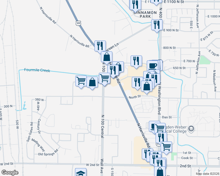 map of restaurants, bars, coffee shops, grocery stores, and more near 484 North Wall Avenue in Ogden