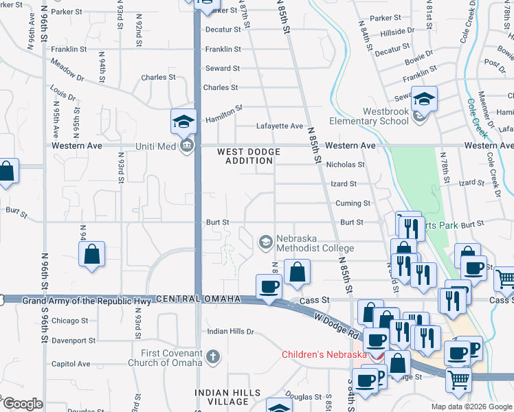 map of restaurants, bars, coffee shops, grocery stores, and more near 8853 Izard Circle in Omaha