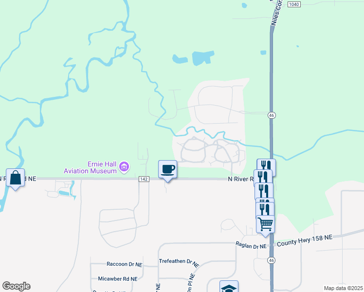 map of restaurants, bars, coffee shops, grocery stores, and more near 381 Springbrook Drive Northeast in Warren