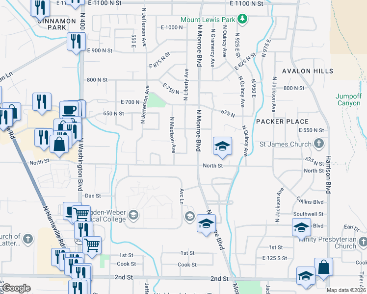 map of restaurants, bars, coffee shops, grocery stores, and more near 494 North Liberty Avenue in Ogden