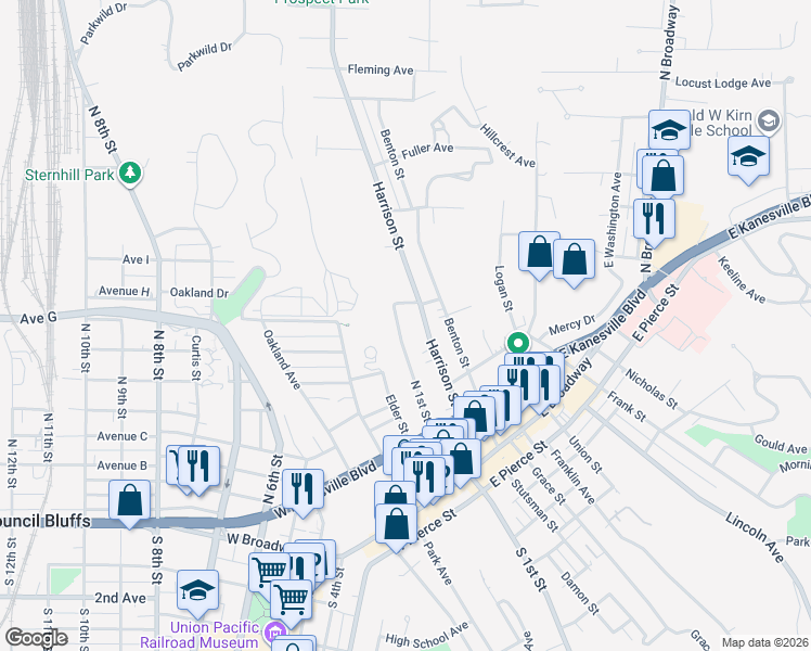 map of restaurants, bars, coffee shops, grocery stores, and more near 302 Harrison Street in Council Bluffs