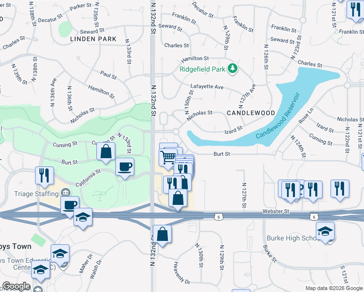map of restaurants, bars, coffee shops, grocery stores, and more near 739 North 129th Court in Omaha