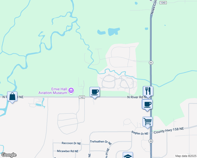 map of restaurants, bars, coffee shops, grocery stores, and more near 381 Springbrook Drive Northeast in Warren