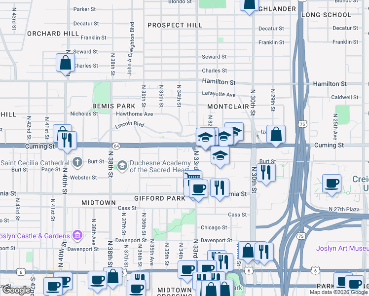map of restaurants, bars, coffee shops, grocery stores, and more near 3323 Cuming Street in Omaha