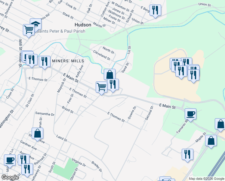 map of restaurants, bars, coffee shops, grocery stores, and more near 1497 Scott Street in Wilkes-Barre