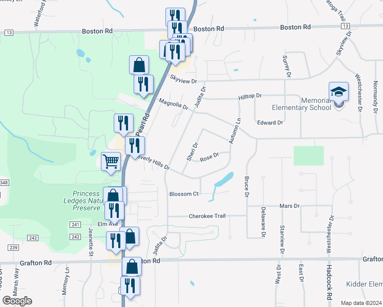 map of restaurants, bars, coffee shops, grocery stores, and more near Sheri Drive in Brunswick
