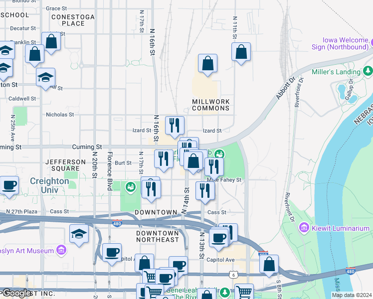 map of restaurants, bars, coffee shops, grocery stores, and more near 740 North 14th Street in Omaha