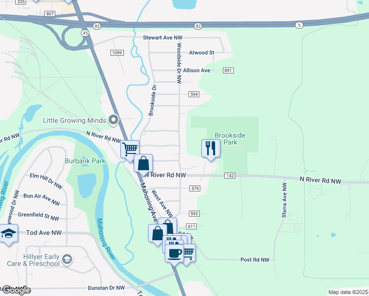 map of restaurants, bars, coffee shops, grocery stores, and more near 3609 Woodside Drive Northwest in Warren