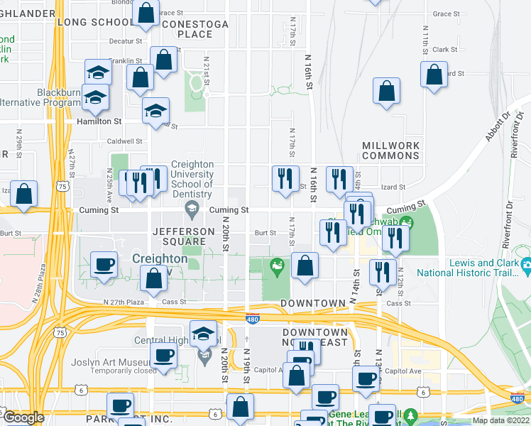map of restaurants, bars, coffee shops, grocery stores, and more near 1801 Cuming Street in Omaha
