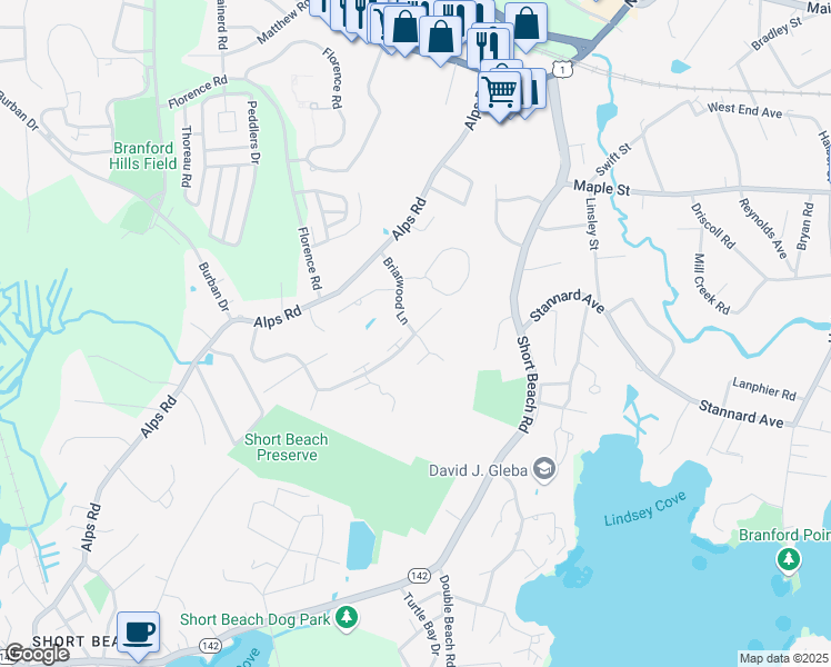 map of restaurants, bars, coffee shops, grocery stores, and more near 73 Briarwood Lane in Branford