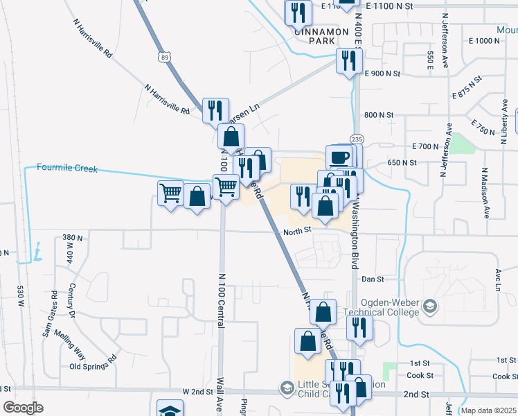 map of restaurants, bars, coffee shops, grocery stores, and more near 450 North Harrisville Road in Harrisville