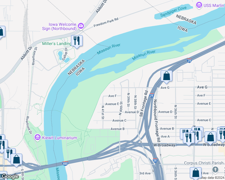map of restaurants, bars, coffee shops, grocery stores, and more near 622 North 40th Street in Council Bluffs