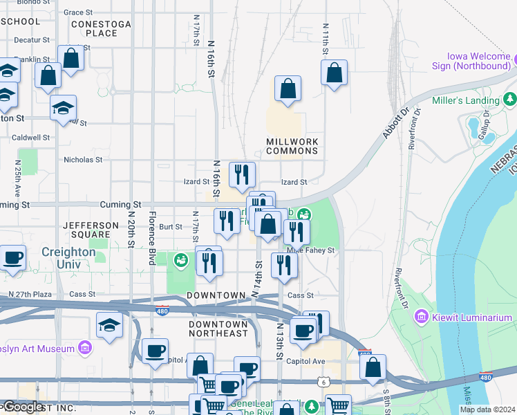 map of restaurants, bars, coffee shops, grocery stores, and more near 1330 Cuming Street in Omaha