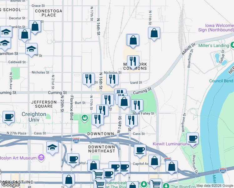 map of restaurants, bars, coffee shops, grocery stores, and more near 1415 Cuming Street in Omaha