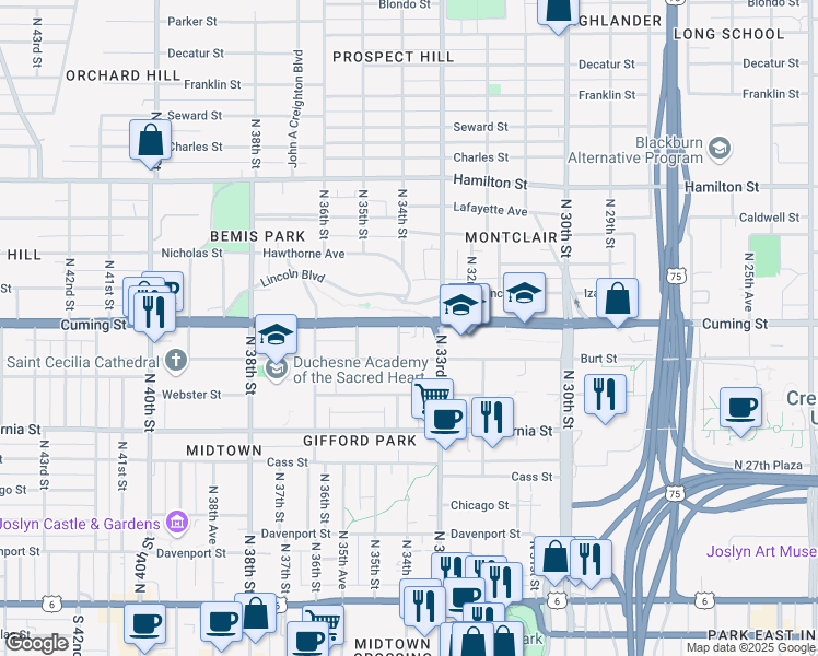 map of restaurants, bars, coffee shops, grocery stores, and more near 3313 Cuming Street in Omaha