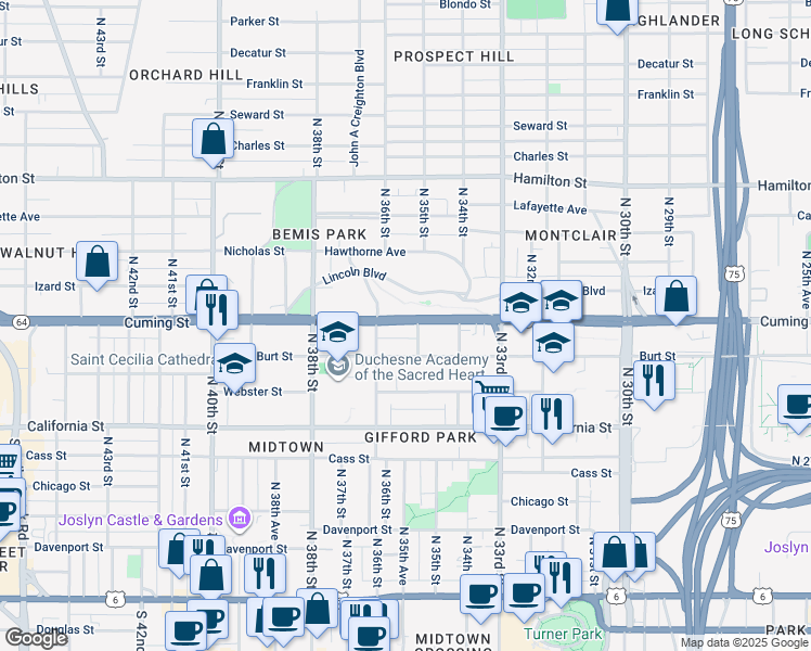 map of restaurants, bars, coffee shops, grocery stores, and more near 3511 Cuming Street in Omaha