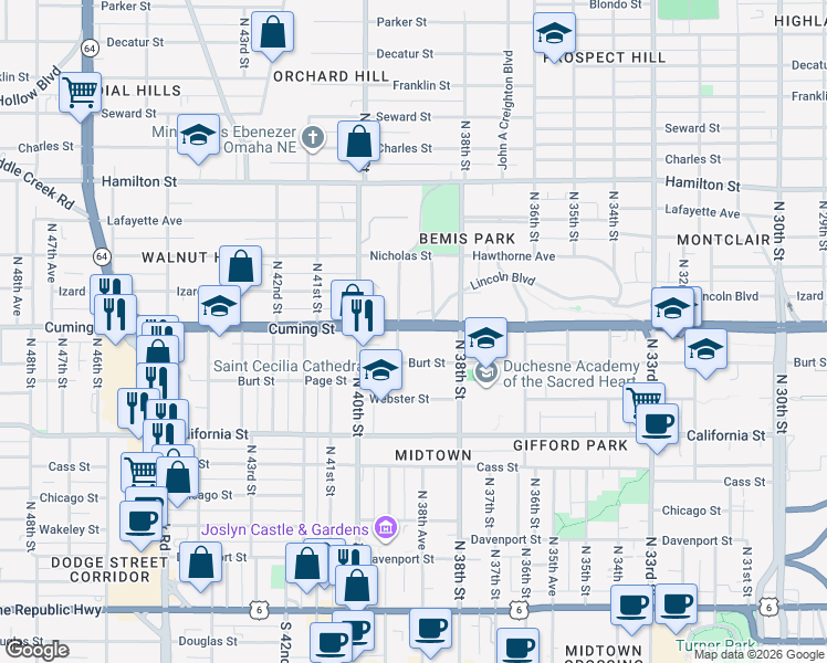 map of restaurants, bars, coffee shops, grocery stores, and more near 3903 Nebraska 64 in Omaha