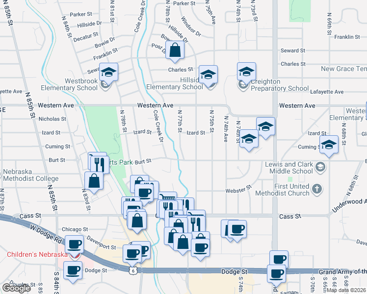 map of restaurants, bars, coffee shops, grocery stores, and more near 829 North 77th Street in Omaha