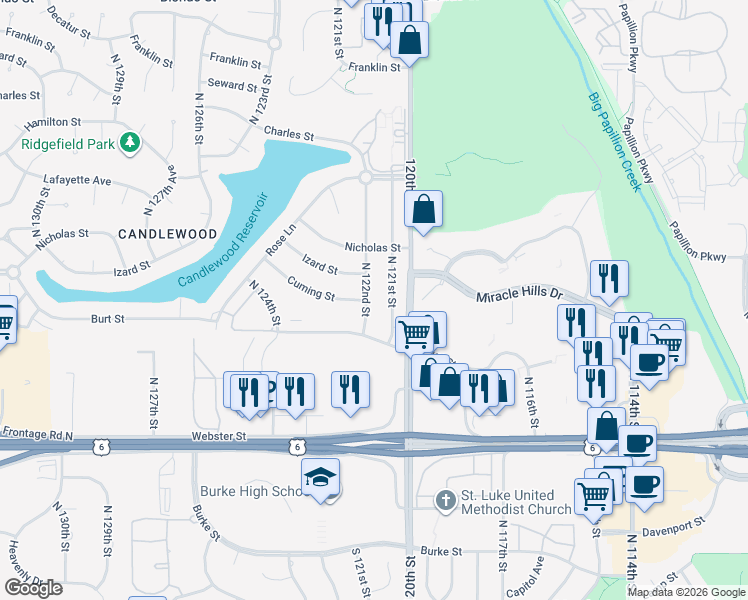 map of restaurants, bars, coffee shops, grocery stores, and more near 907 North 122nd Street in Omaha