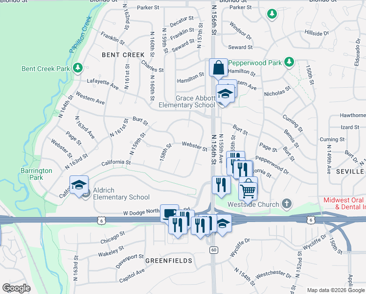 map of restaurants, bars, coffee shops, grocery stores, and more near 15679 Webster Street in Omaha
